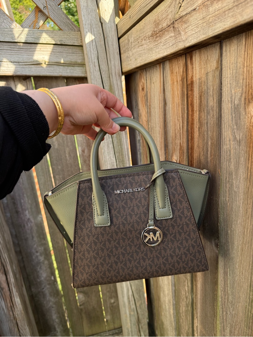 Michael Kors Brown Logo Satchel with Olive Trim